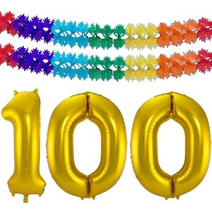 Folie ballonnen - Leeftijd cijfer 100 - goud - 86 cm - en 2x slingers