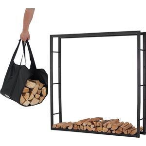 Lendo Online brandhoutrek 148x25x148cm + draagtas– Binnen en buiten -haardhout opslag – haardhoutrek – houtopslag – zwart - metaal