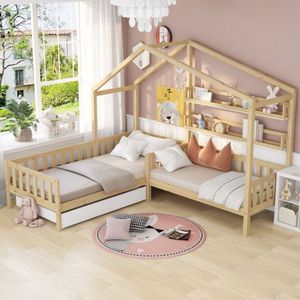 Kinderbed huisbed met lades en planken-massief hout met hek en lattenbodem- L-structuur, naturel (90x200 cm+140x70cm)