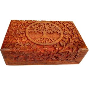 Sieradenkistje van hout uit India - Sieradenkistje perfect cadeau voor dames - Sieradenkistje versiert met levensboom - 20,32 x 12,70 x 6,35 cm