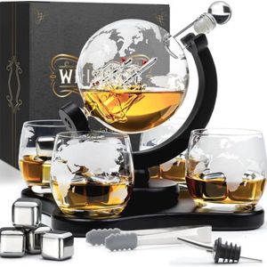 Whisky Karaf Set 900 ml Wereldbol met 4 Whisky Glazen en Stenen - Perfect Cadeau voor Whiskey Liefhebbers