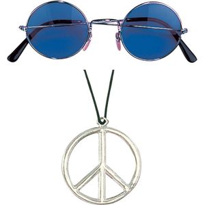Toppers in concert - Widmann - Hippie Flower Power verkleed set peace ketting en ronde blauwe glazen party bril