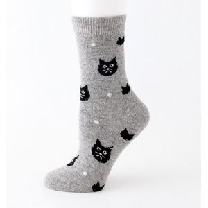Dames Warme Winter Sokken met Wol - Huissokken - Wandelsokken - grijs - wol - leuke print zwarte kat - 36-40 - cadeau voor haar - geschenk vrouwen - gift
