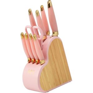 Messenset van roestvrij staal met robuust bamboe messenblok - ideaal voor elke keuken, hoge snijprecisie en duurzaam design (roze)