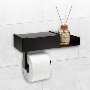 Toiletrolhouder met Plankje - Zwart - Wc rolhouder met Opbergbakje - Schroeven of zonder Boren - Vochtig Toiletpapier Houder
