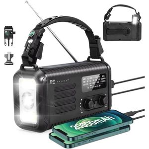 Draagbare Noodradio met Zonne-energie en Kruk, Multifunctioneel Survivalset met Zaklamp en Aansteekfunctie, 20.000mAh Accu voor Noodgevallen
