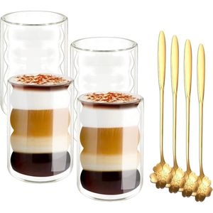 Latte Macchiato-glazen dubbelwandig, 400 ml, 4 stuks met 4 lepels, dubbelwandige koffieglazen, cappuccinokopjes, spiraal-espressokopjes, thermoglazen, theeglazen van borosilicaatglas