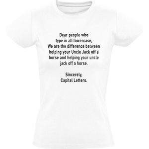 Hoofdletters gebruiken dames t-shirt | spelling | nederlands | school | ome jack | grappig | engels | Wit