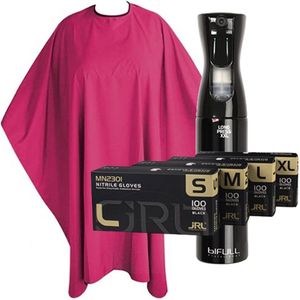 BIFULL - Complete Kappersset – Long Press Spray, Roze Kapmantel & JRL Zwarte Kappershandschoenen XL – Professionele Haarverzorging voor Thuis & Salon