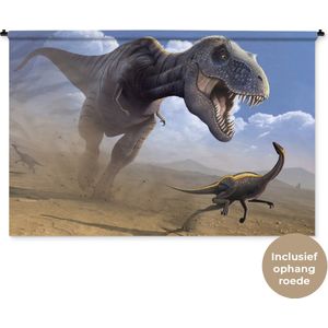 Wandkleed Dinosaurus illustratie - Een illustratie van een jagende dinosaurus Wandkleed katoen 180x120 cm - Wandtapijt met foto XXL / Groot formaat!