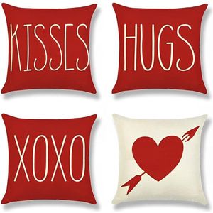 Valentijnsdag kussensloop 45 x 45 cm, set van 4 kussenslopen, decoratieve kussenslopen voor terras, bank, stoel, bed, decoratie, rood hart-decoratief kussen voor Happy Valentine decoratie