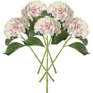 Mica Decorations Kunstbloem - 5x - Hortensia tak - lichtroze - 51 cm - losse steel - Kunst zijdebloemen