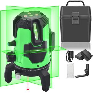 3D Zelfnivellerende Groene Kruislijnlaser met 4 Verticale en 1 Horizontale Lijn - Multi-lijn Laserwaterpas met 360° Roterende Basis