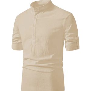 Nivard Linnen Blouse Heren - t shirt - Polo - Overhemd - Shirt - Zomer - Ibiza Stijl - Khaki - Maat S