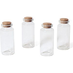 4x Kleine transparante glazen flesjes met kurken dop 38 ml - Hobby set mini glazen flesjes met kurk