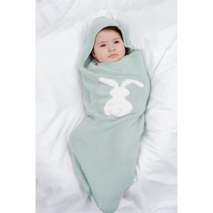 Minora Inbakerslaapzak Set 0/8 maand- Cocoon met konijn en Fopspeenhouder- 2 Delig babykleding jongens en meisjes-Winterslaapzak- Swaddle- Inbakerdoek- Kraamcadeau - Newborn- Munt