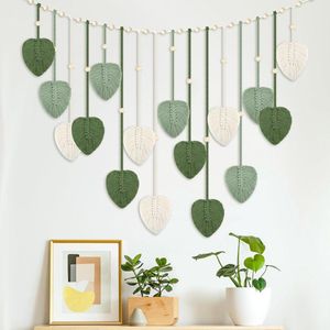 Macrame Tapestry Large Boho Decoration with Wood Beads and Leaves for Outdoor Living Room Bedroom
