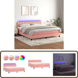 vidaXL Boxspring - LED & Matras - Fluweel Roze - 160x200 cm Boxspring - Fluweel Bed - Rozerood Bed - Verstelbare Hoofdbord - Led Verlichting