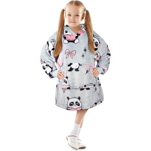 Kinderhoodie-deken - oversized knuffelhoodie voor kinderen - meisjes en jongens - knuffelfleece draagbare deken - sherpa - wollige enorme capuchon - sweatshirt voor jongeren - Grijze panda.