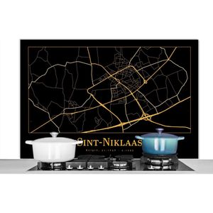 Spatscherm keuken 120x80 cm - Kookplaat achterwand Kaart - Sint-Niklaas - België - Goud - Zwart - Muurbeschermer - Spatwand fornuis - Hoogwaardig aluminium