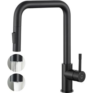 CECIPA max Keukenkraan met Uittrekbare Uitloop - Keukenmengkraan - Handdouche - Uittrekbare uitloop - 360°draaibereik - 2 Waterafvoermodi - Zwart