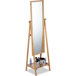Relaxdays staande spiegel bamboe - badkamerspiegel - make-up spiegel - verstelbaar