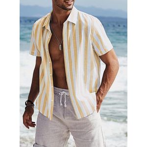 Gestreept overhemd voor heren - korte mouwen - vrijetijdshemd - zomer - casual - regular fit - Geel Wit - XXL