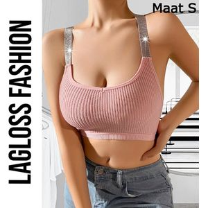 LaGloss® Roze Top met Glitter Schouder Bandjes – Geribbeld, Elastisch & Ademend Tank Top – Maat XS