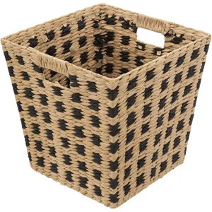 Gevlochten rieten opbergmand - vierkant - beige/zwart 31x31x31 cm - Kast-/badkamer mandjes