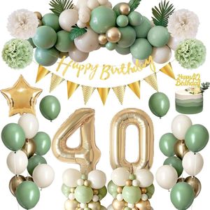 Thinbal Verjaardagsdecoratie voor de 40ste verjaardag, voor dames en heren, avocado, groene gouden ballonnen met Happy Birthday-banner, pompons voor dames en heren verjaardag, decoraties