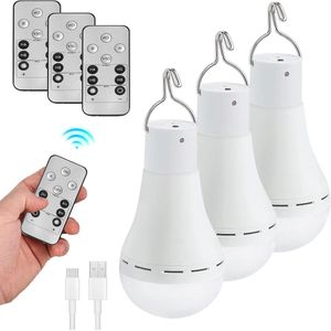3 stuks USB-oplaadbare gloeilampen 12 W met afstandsbediening en batterij, geschikt voor stroomuitval thuis of buiten camping