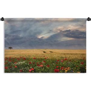 Wandkleed Bloemenweide - Bloemenweide voor een veld met tarwe Wandkleed katoen 150x100 cm - Wandtapijt met foto