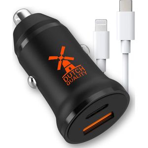 Autolader USB C + geschikt voor Apple iPhone 6/7/8/X/XS/XR/11/12/13/14/SE/Mini/Pro/Max dankzij lightning kabel - Auto oplader USB - USB C autolader 2 poorten - Auto lader - Sigarettenaansteker USB oplader auto