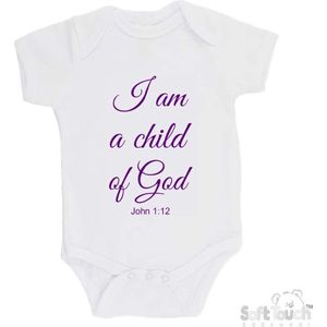 100% katoenen Romper "I am a child of God John 1:12" Meisjes Katoen Wit/paars Maat 56/62