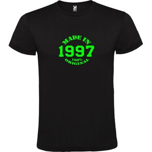 Zwart T-Shirt met “Made in 1997 / 100% Original “ Afbeelding Neon Groen Size XL
