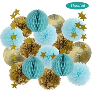 Versiering verjaardag 17 stuks - slingers verjaardag -mix van lantaarn lampion pompom ballen - feestelijk goud licht blauw - verjaardag decoratie