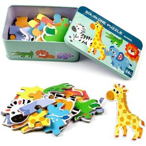 Houten Puzzel - Kinderpuzzel – Babypuzzel – Speelgoed Voor Kinderen En Baby’s – Educatief Speelgoed – Montessori – Animal – Vormpuzzels – Jigsaw Set – 6 Stuks – Vroeg Leren – Dieren Speelgoed – Dieren Houten Puzzel – Dieren Puzzel