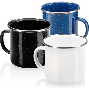 3 x emaille bekers - drinkbekers van geëmailleerd roestvrij staal - theepot - koffiemok voor buiten en camping - 3-delige bekerset - vaatwasmachinebestendig (wit zwart blauw)