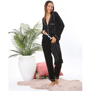 Dames Luxe Pyjamaset- 2- Delige -Pyjama- Nachtkleding- Satijn- Cadeau voor Vrouw Zwart Maat S