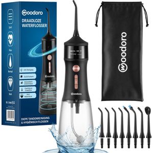 Waterflosser - Monddouche - 12 Standen - 45 Dagen Gebruik - 8 Opzetstukken - Zelfreinigend - Tongschraper - Tongreiniger - Water Flosser - Tandsteen verwijderaar - Tandplak verwijderaar - Draadloos & Oplaadbaar - Zwart - Woodoro