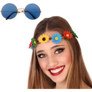 Faram party Flower Power verkleed accessoires dames - Bloemen hoofdband - Hippie bril ronde glazen in het blauw thema - Sixties thema