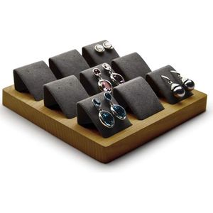 JGS ® Massief hout 9 locatie oorringen standaard sieraden vitrine display stand houder microvezel oppervlak (grijs)