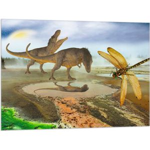 Vlag - Dinosaurussen bij Water in de Prehistorie - 100x75 cm Foto op Polyester Vlag