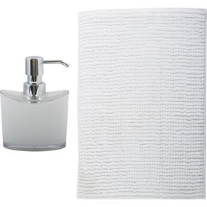 MSV badkamer droogloop mat - Bolzano - 40 x 60 cm - met bijpassende kleur zeeppompje - wit