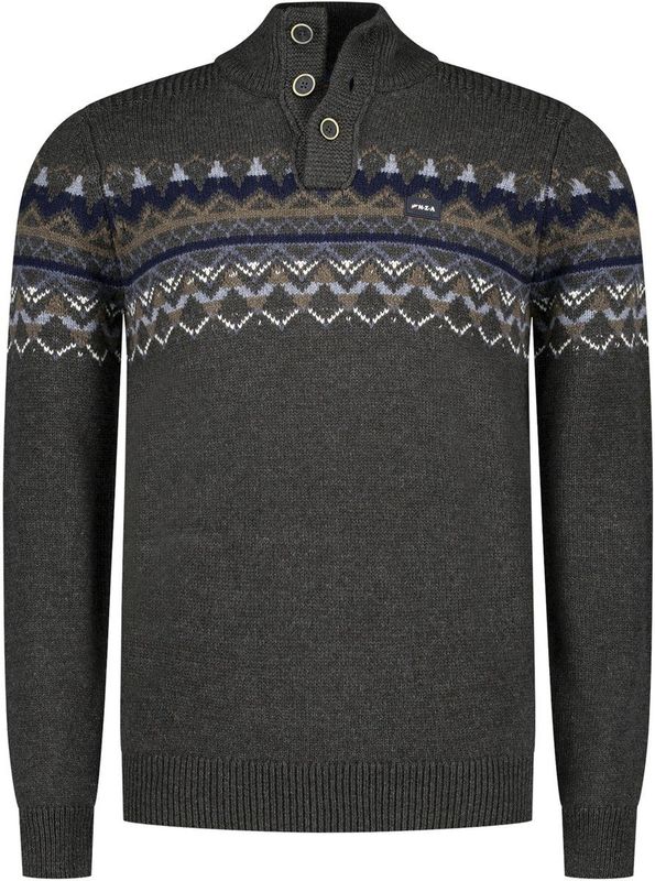 NZA - Bruine Wollen Trui - Opstaande Kraag - Knoopsluiting