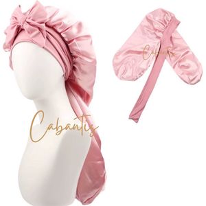 Cabantis® Dubbelzijdige Satijnen Bonnet – Haarbescherming met Lange Verstelbare Band – Extra Groot voor Boxbraids, Vlechten & Krullen – Anti-Pluis & Haarbescherming – Unisex - Soft Pink