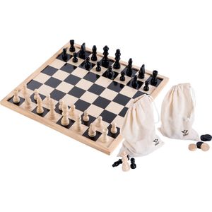 Houten dam- en schaakbord met schaakstukken en damstenen - compleet inclusief gratis luxe katoenen tasjes