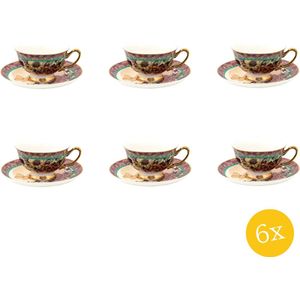 Clayre & Eef Kop en schotel set van 6 stuks schotel 200 ml Paars Porselein Vlinder Servies