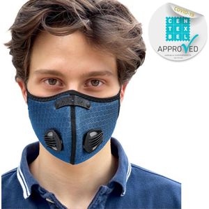 BREEZY luxe mondkapje - Azuur blauw mondmasker - maat Medium verstelbaar - met 4x wegwerp filter & 4 ventielen vervangbaar - herbruikbaar comfortabel mond kapje voor sport - medische filtering - in opbergzakje - Sportmasker geschikt voor brildrager