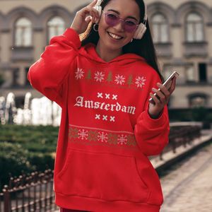Amsterdam Kerst Hoodie Rood Logo Snowy Trees - Maat XS - Uniseks Fit - Kerstkleding Voor Dames & Heren